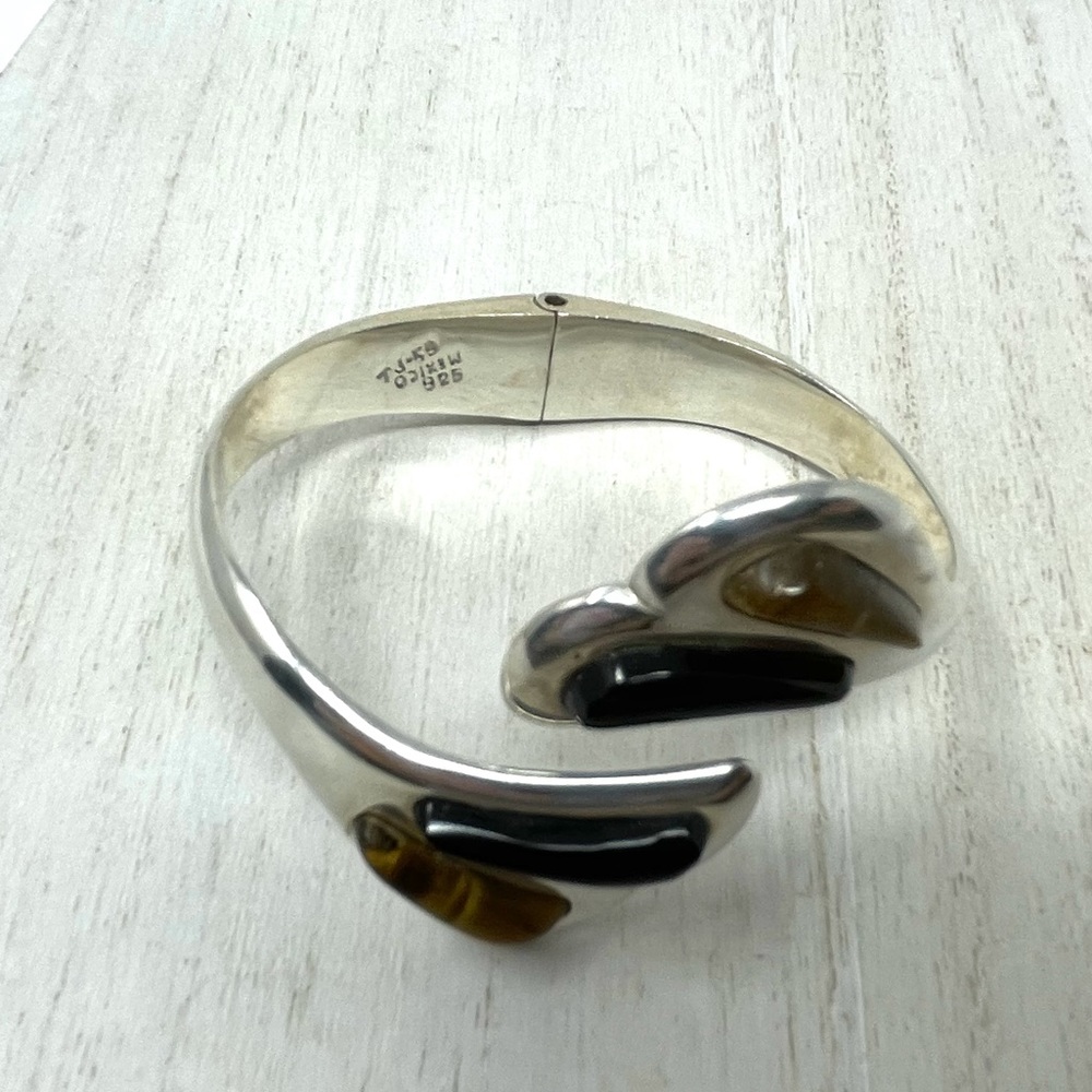 TAXCO Sterling silver, Onyx, Tiger’s Eye hinged cuff bracelet - Picture 8 of 12
